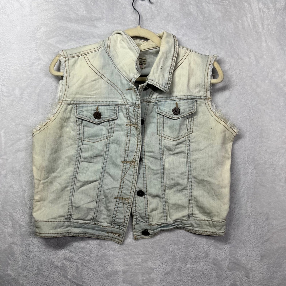 Vintage Hot‎ Kiss Denim Vest Women's Faded Blue Frayed Sleeveless Stretch - XL